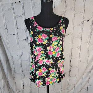 B.L.E.U Summer Sleeveless Tank Blouse Black White Floral Contrast Stripes Casual